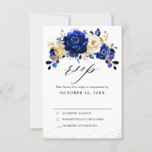 Royal Blue Yellow Gold Metallic Floral Wedding RSVP Karte