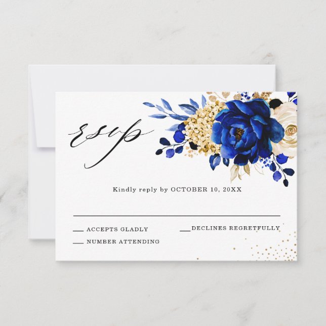 Royal Blue Yellow Gold Metallic Floral Wedding RSVP Karte (Vorderseite)