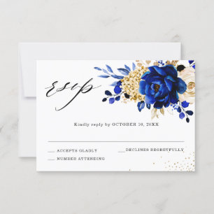 Royal Blue Yellow Gold Metallic Floral Wedding RSVP Karte