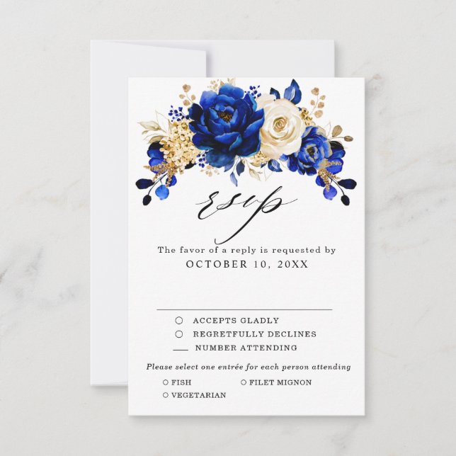Royal Blue Yellow Gold Metallic Floral Wedding RSVP Karte (Vorderseite)