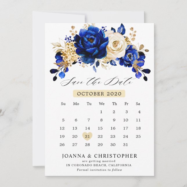 Royal Blue Yellow Gold Metallic Save The Date (Vorderseite)
