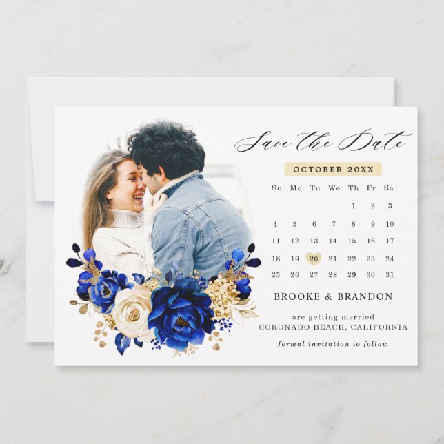 Royal Blue Yellow Gold Metallic Save The Date (Vorderseite)