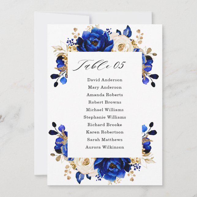 Royal Blue Yellow Gold Metallic Seating Chart Card Einladung (Vorderseite)
