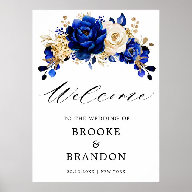 Royal Blue Yellow Gold Metallic Wedding Willkommen Poster (Vorne)