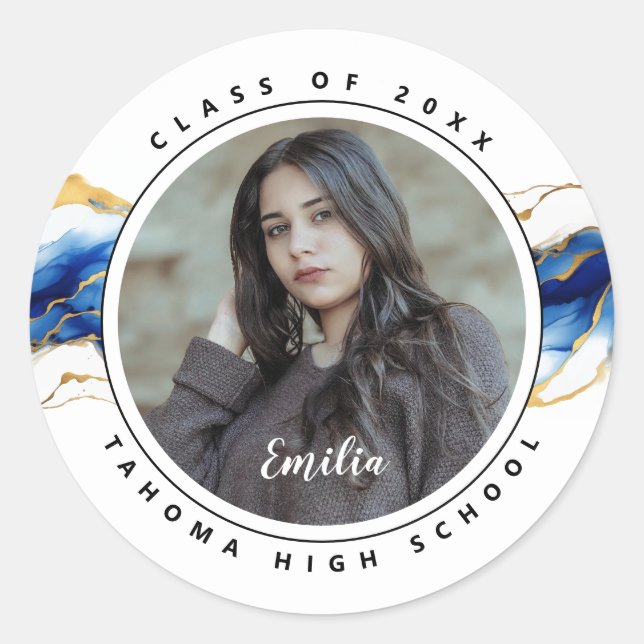 Royal Blue Yellow Gold Photo Graduation seal Runder Aufkleber (Vorderseite)