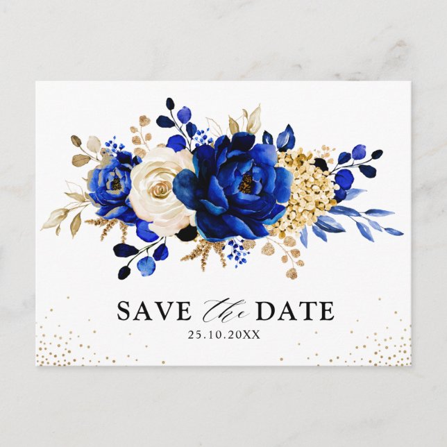 Royal Blue Yellow Gold Save the Date Postkarte (Vorderseite)