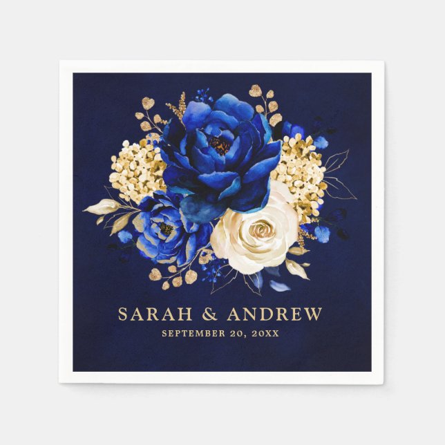 Royal Blue Yellow Metallic Floral Wedding Nickerch Serviette (Vorderseite)