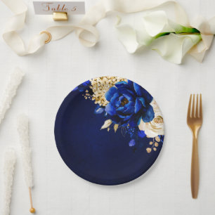 Royal Blue Yellow Metallic Floral Wedding Pap Pappteller