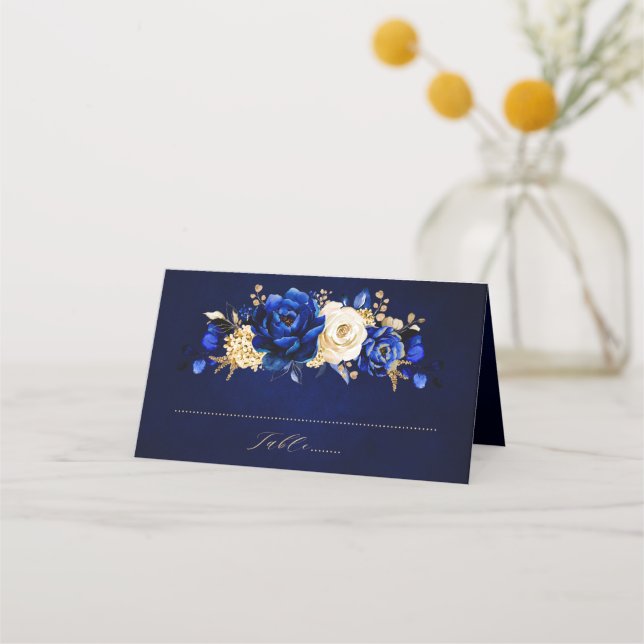 Royal Blue Yellow Metallic Floral Wedding Pla Platzkarte (Vorderseite)