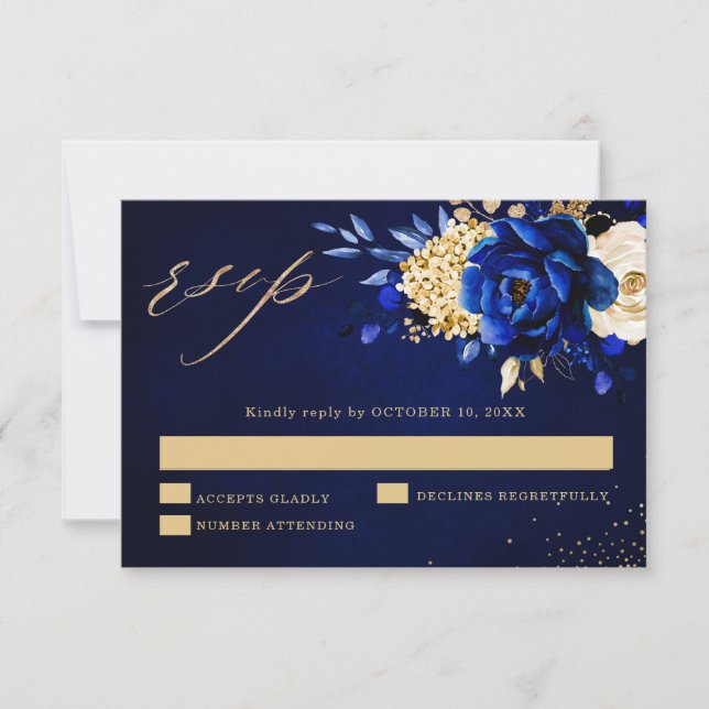 Royal Blue Yellow Metallic Floral Wedding RSV RSVP Karte (Vorderseite)
