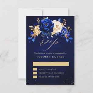 Royal Blue Yellow Metallic Floral Wedding RSV RSVP Karte
