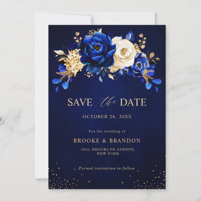 Royal Blue Yellow Metallic Floral Wedding Sav Save The Date (Vorderseite)