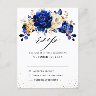 Royal Blue Yellow Metallic Wedding RSVP Postkarte