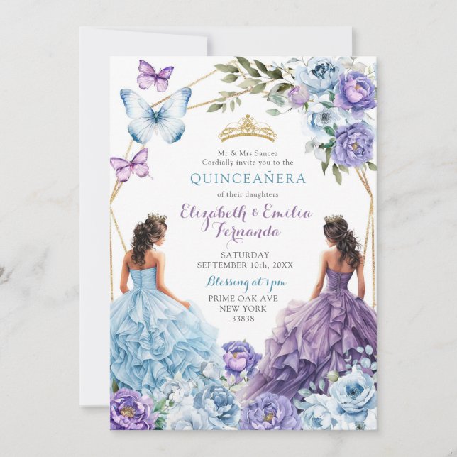 Royal Blush Blue Lila Geometric Quinceñera Einladung (Vorderseite)