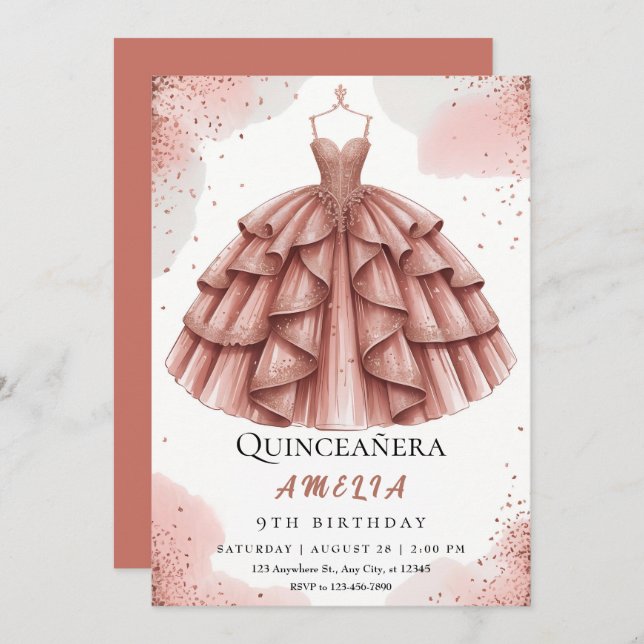 Royal Blush Pink & Rose Gold Quinceñera Einladung (Vorne/Hinten)