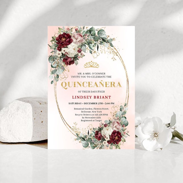 Royal Boho Burgundy Peonies Eucalyptus Quinceañera Einladung (Royal Burgundy Peonies Eucalyptus Quinceañera Invite)