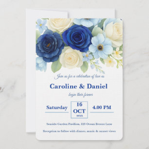 Royal Bue Wedding Watercolor Elfenbeinküste Blume Einladung