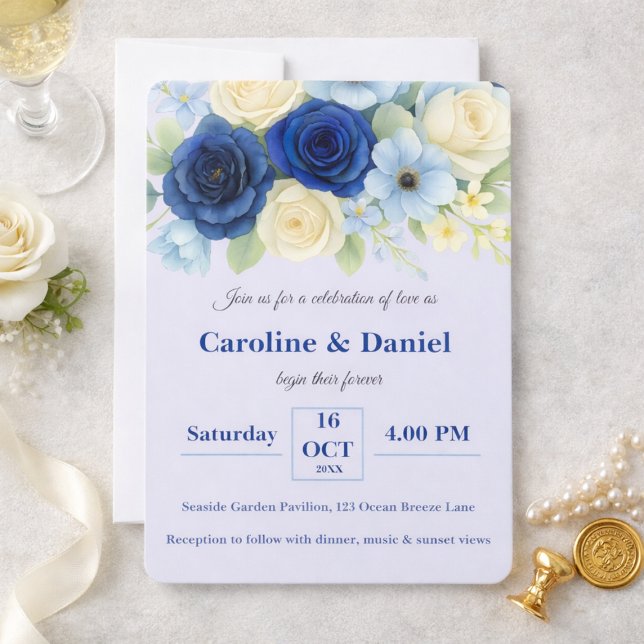 Royal Bue Wedding Watercolor Elfenbeinküste Blume Einladung (Von Creator hochgeladen)