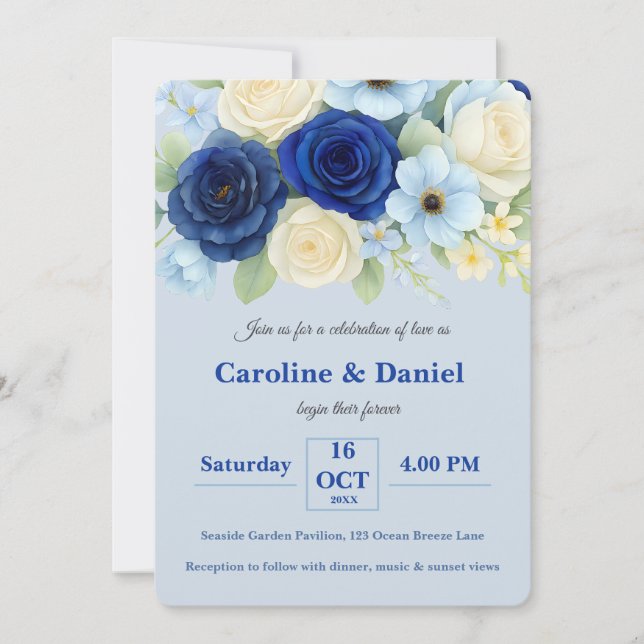 Royal Bue Wedding Watercolor Elfenbeinküste Blume Einladung (Vorderseite)