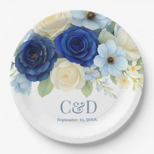 Royal Bue Wedding Watercolor Elfenbeinküste Blume Pappteller