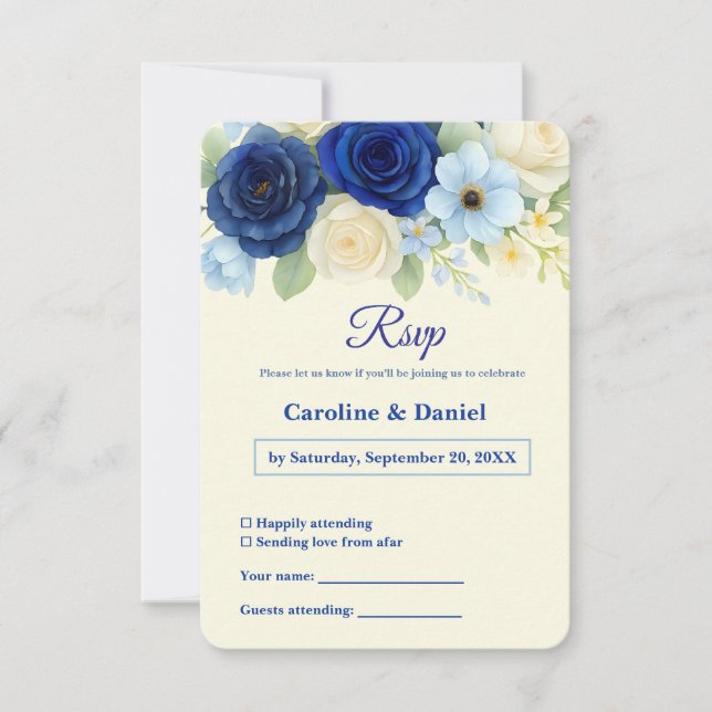 Royal Bue Wedding Watercolor Elfenbeinküste Blume RSVP Karte (Vorderseite)