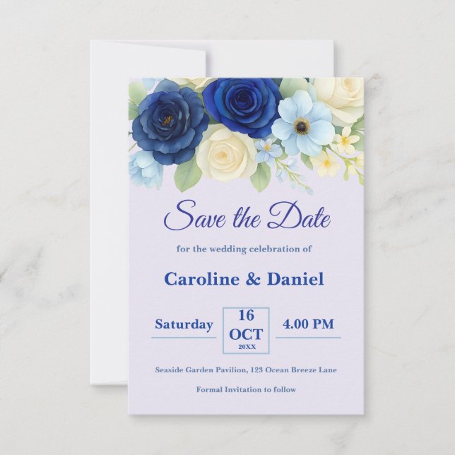 Royal Bue Wedding Watercolor Elfenbeinküste Blume Save The Date (Vorderseite)