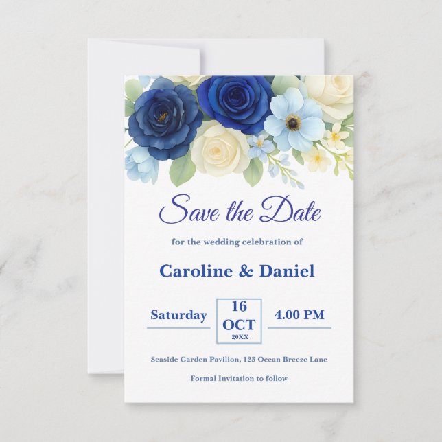 Royal Bue Wedding Watercolor Elfenbeinküste Blume Save The Date (Vorderseite)