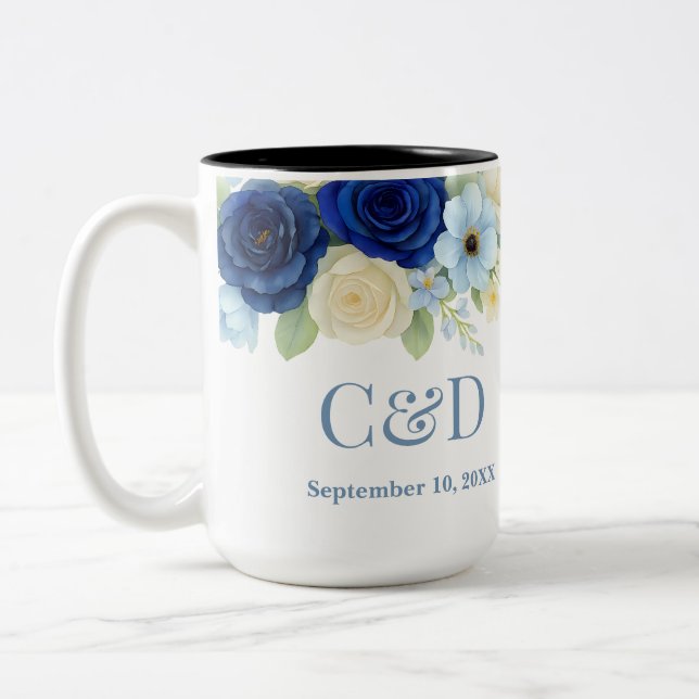 Royal Bue Wedding Watercolor Elfenbeinküste Blume Zweifarbige Tasse (Links)