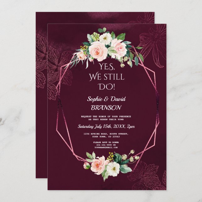 Royal Burgundy Blush Blume Vow Renewal Einladung (Vorne/Hinten)