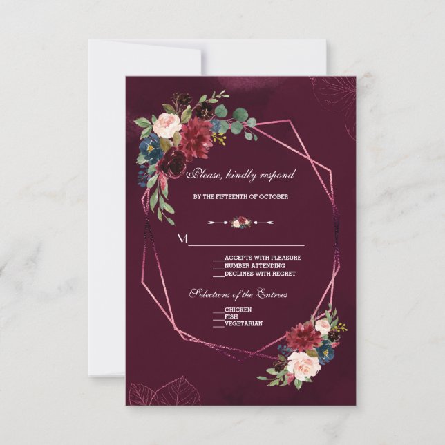 Royal Burgundy Blush Geometric Wedding RSVP Karte (Vorderseite)