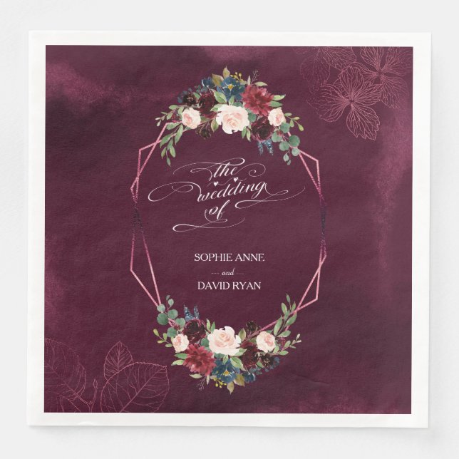 Royal Burgundy Floral Blätter Geometric Wedding Serviette (Vorderseite)