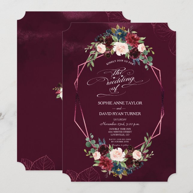 Royal Burgundy Floral Geometric Wedding Einladung (Vorne/Hinten)
