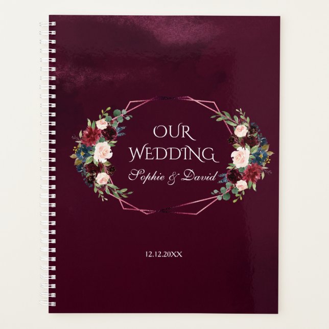 Royal Burgundy Floral Geometric Wedding Planer (Vorderseite)