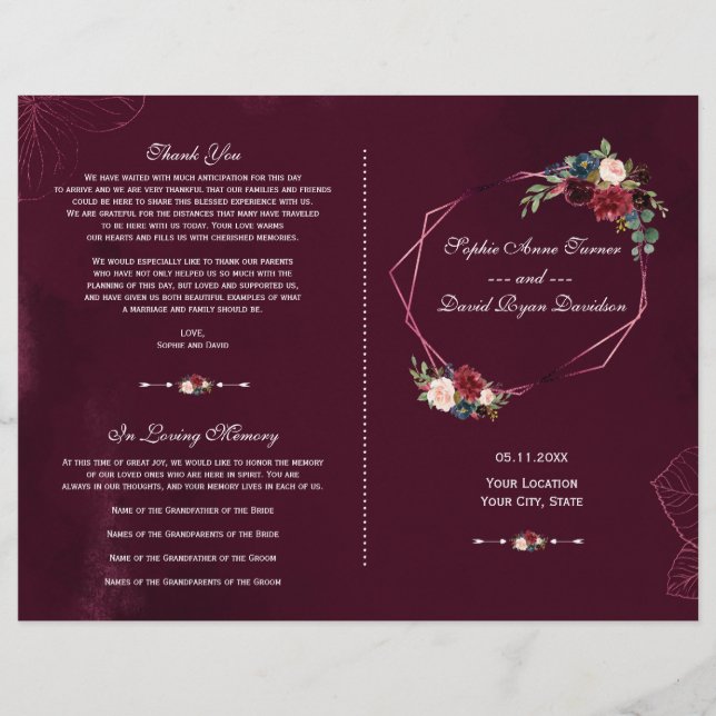 Royal Burgundy Floral Geometric Wedding Program (Vorderseite)