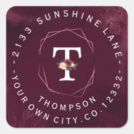 Royal Burgundy Floral Monogram Circular Label Quadratischer Aufkleber