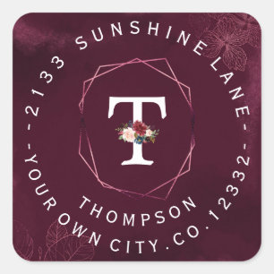 Royal Burgundy Floral Monogram Circular Label Quadratischer Aufkleber