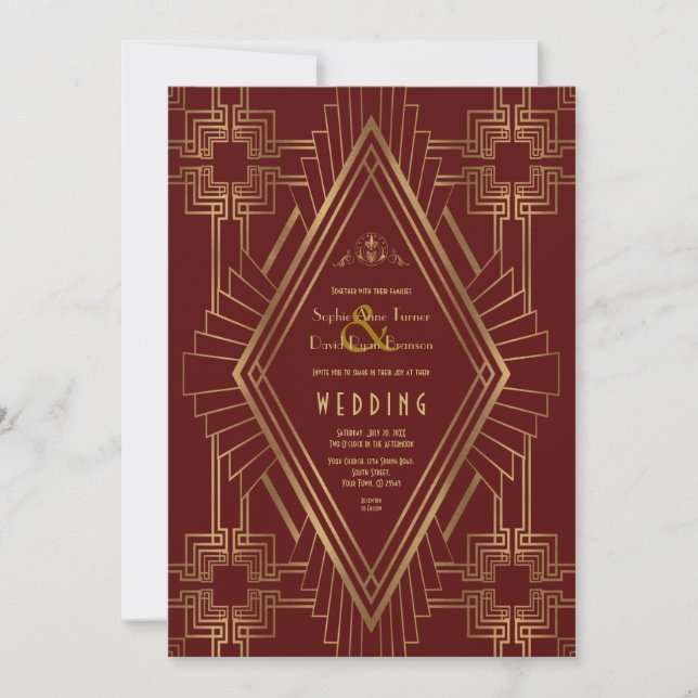 Royal Burgundy Gold Great Gatsby Wedding Einladung (Vorderseite)
