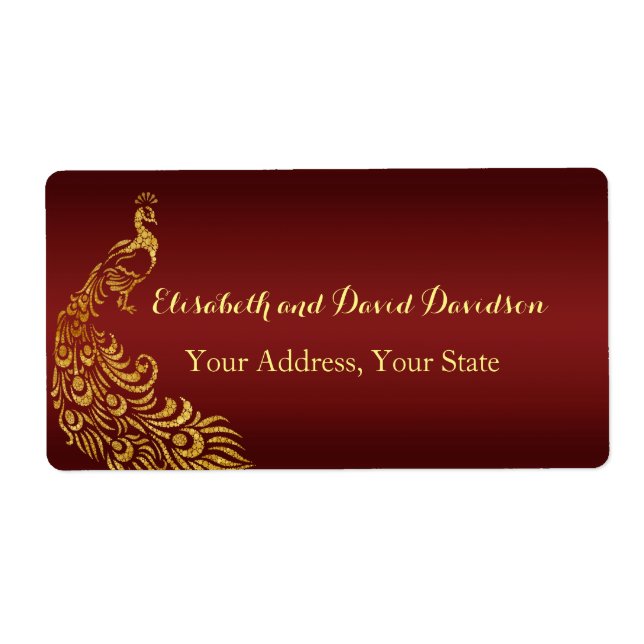 Royal Burgundy Gold Peacock Wedding Address Label (Vorne)