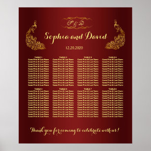 Royal Burgundy Gold Peacock Wedding Chart Poster