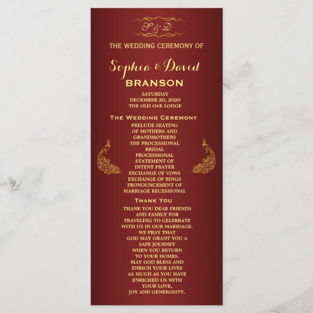 Royal Burgundy Gold Peacock Wedding Program Custom Programm (Vorderseite)