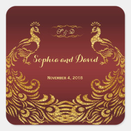 Royal Burgundy Gold Peacock Wedding Quadratischer Aufkleber