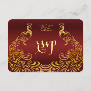 Royal Burgundy Gold Peacock Wedding RSVP Karte