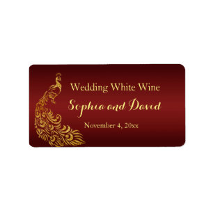 Royal Burgundy Gold Peacock Wedding Wine Favor Adressaufkleber