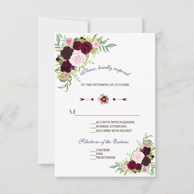 Royal Burgundy Marsala Floral Wedding RSVP (Vorderseite)