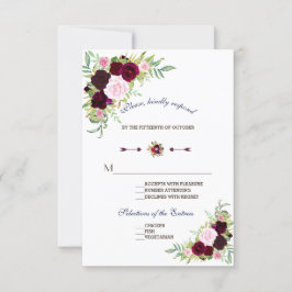 Royal Burgundy Marsala Floral Wedding RSVP Karte