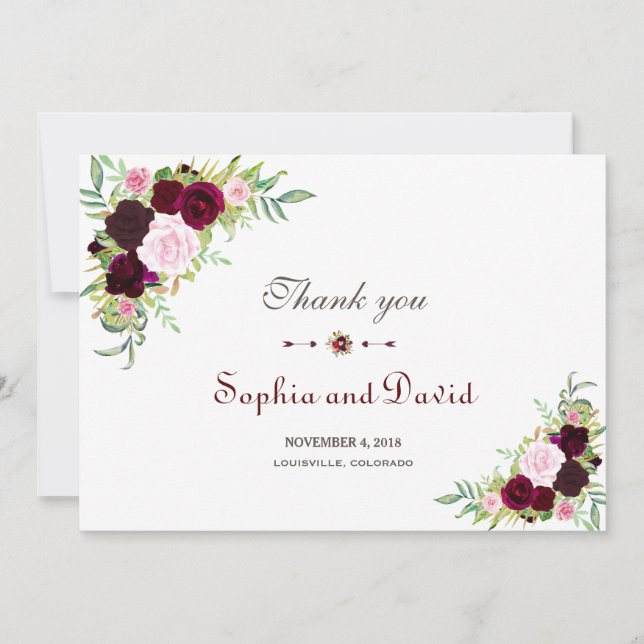 Royal Burgundy Marsala Floral Wedding Vielen Dank Dankeskarte (Vorderseite)