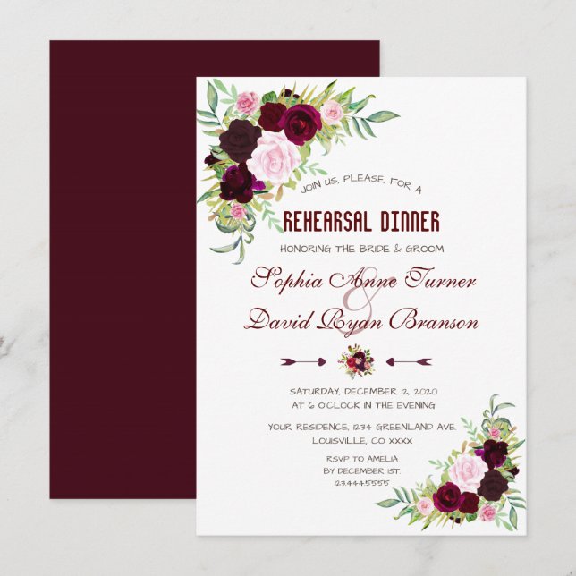 Royal Burgundy Marsala Probe Abendessen Einladung (Vorne/Hinten)