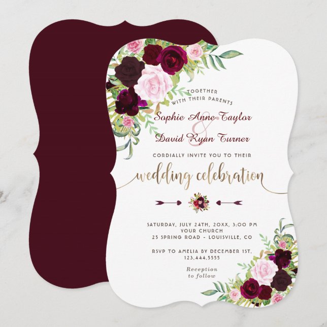 Royal Burgundy Pink Floral Gold Wedding Einladung (Vorne/Hinten)