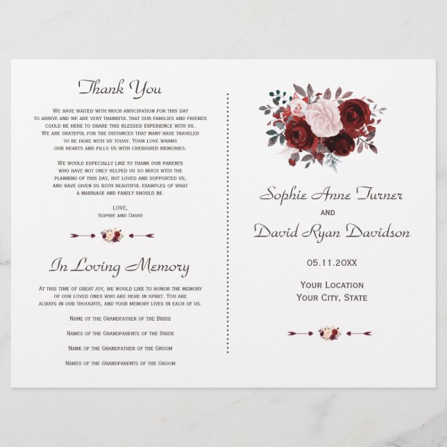 Royal Burgundy Pink Floral Gold Wedding Program (Vorderseite)