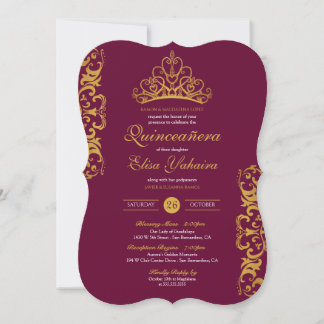 Royal Burgundy Plum Gold Elegante Crown Quinceñera Einladung
